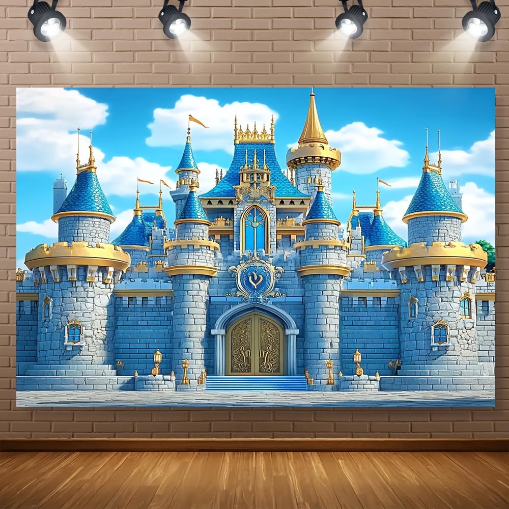 2Dflat1: A Blue Castle and Golden Banner Background with Polyester Fabric Wall Decoration. Suitable for Birthday Parties.