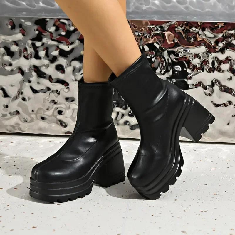 Fashion Women's Punk Chunky Heel Boots Black Gothic Platform High Heel Boots Fashion Designer Shoes New Cool Women Street Mid-calf Boots