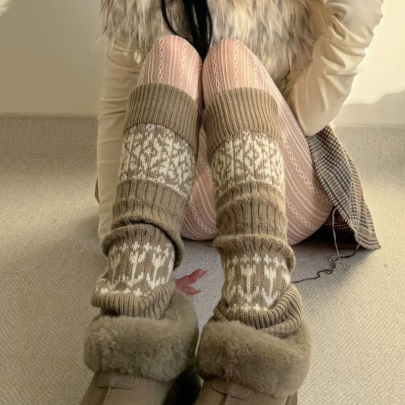 Sweet Christmas Leg Warmers Knitted Leg Sleeves Harajuku Long Leg Socks Winter Warm Boot Cuffs Toppers for Womens Girls