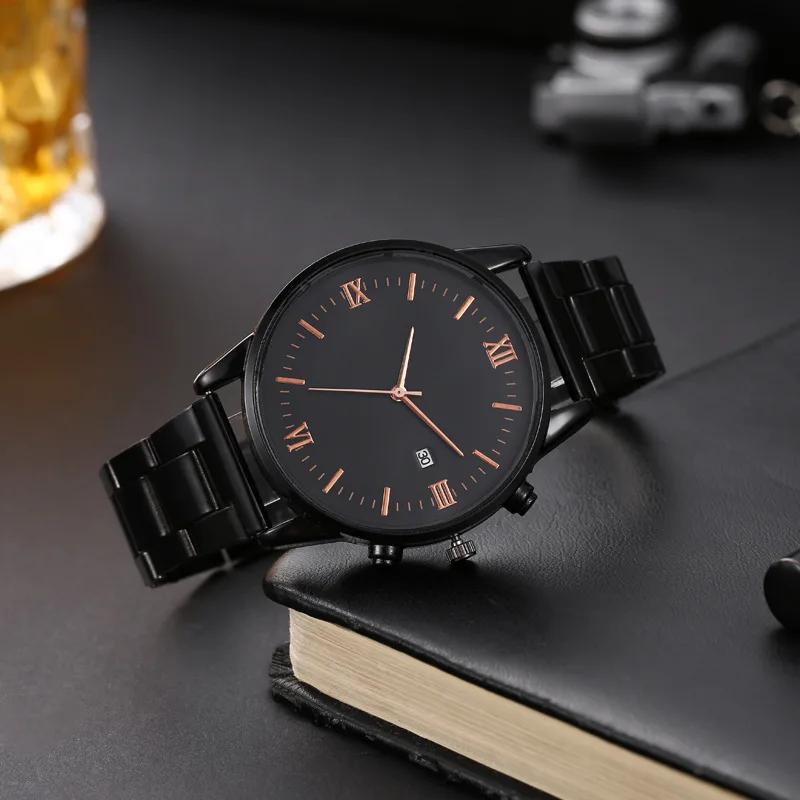 Fashion Men Business Watches Black Steel Band Roma Dial Calendar Quartz Watch Wristwatches Male Clock Reloj Hombre Montre Homme