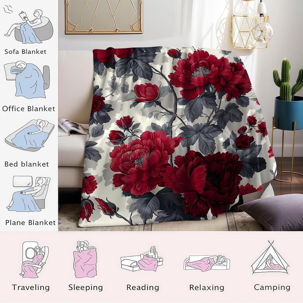 Crimson Peony Vine Flannel Blanket Warm Soft Halloween Christmas Couch Warm Cozy Decorative Decor Gift for All Season