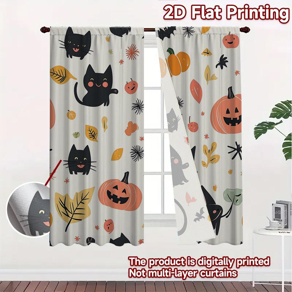 2PC Home Halloween Pumpkin Cat Ghost Pattern Digital Printed Curtains with Landscape Background and Pole Bag Curtains, Kitchen,
