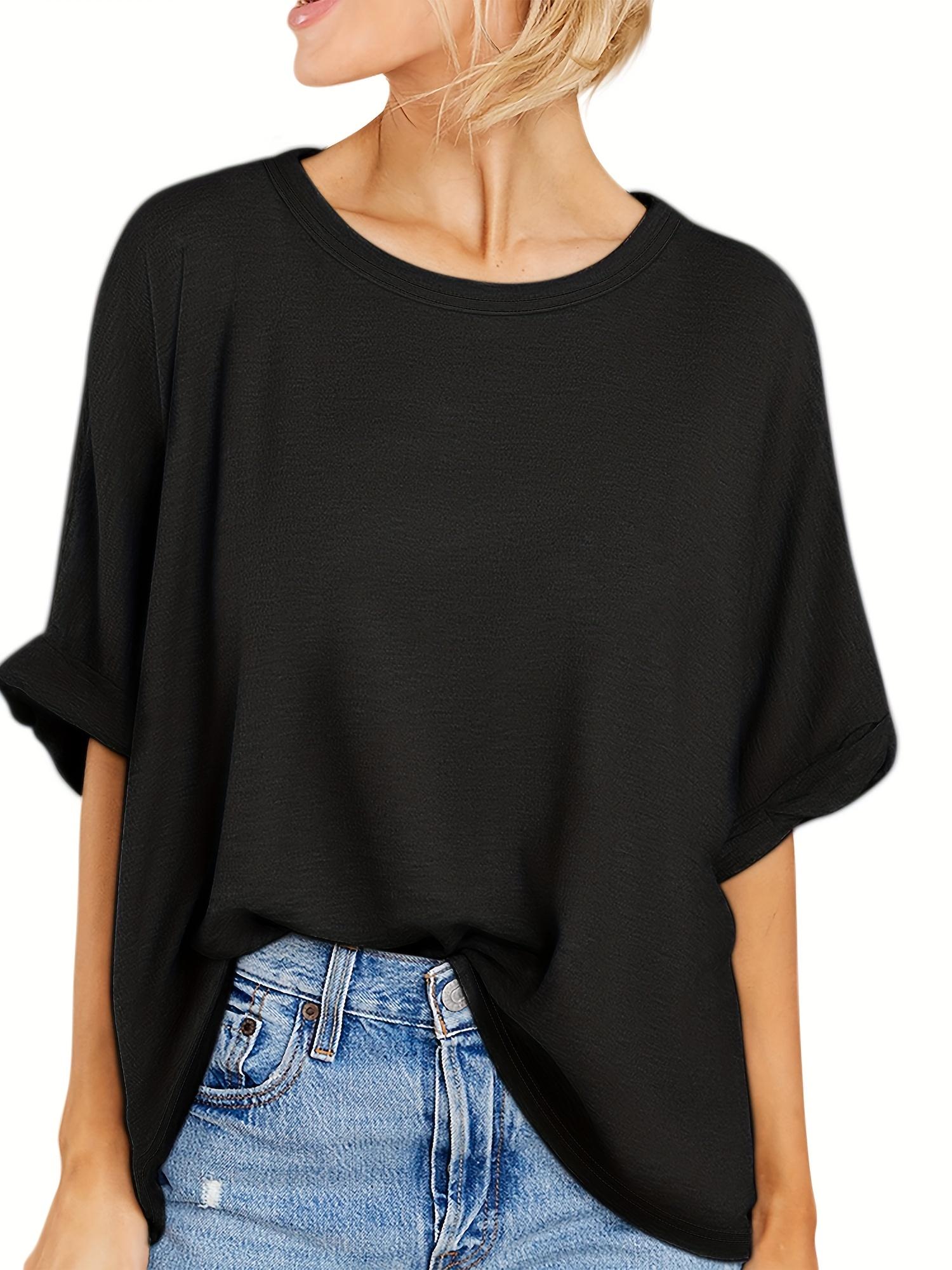 

Повседневный топ больших размеров, женская однотонная футболка размера плюс с закатанными рукавами и коротким рукавом, слегка эластичная футболка с круглым вырезом