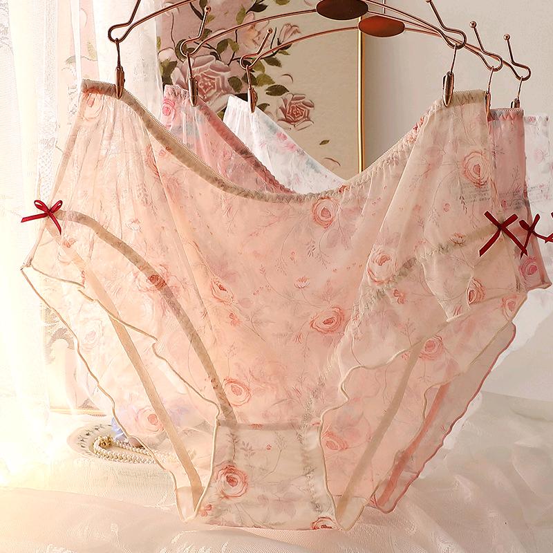 3 PCS Women's Plus Size Underwear Lolita Style Sexy Briefs Sheer Rose Tulle Panties L XL 2XL 3XL 4XL 5XL