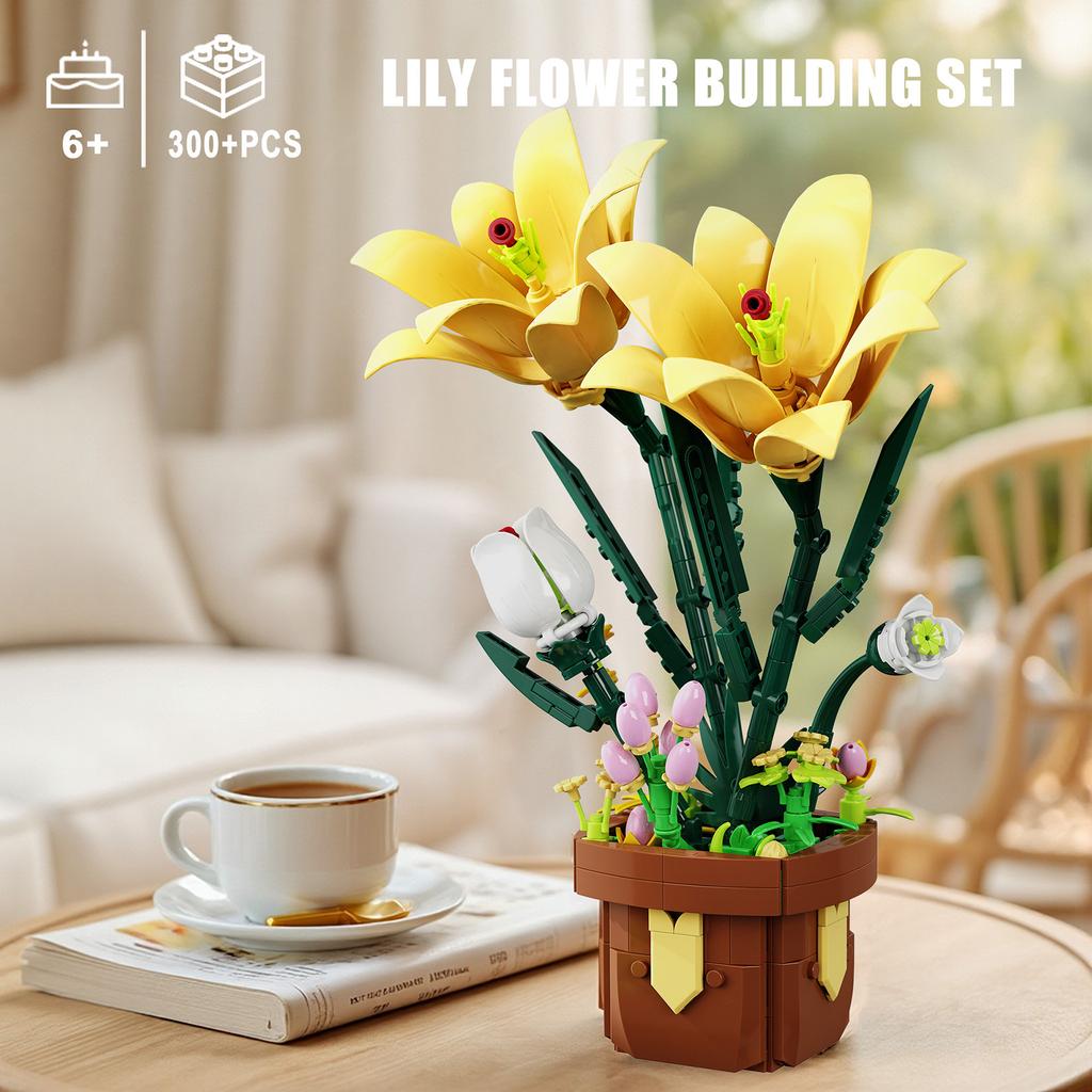 Non-Toxic 296Pcs Lily Flower Potted Plant Building Block Flower Model Puzzle Toys Sets New Year Christmas Birthday Gifts