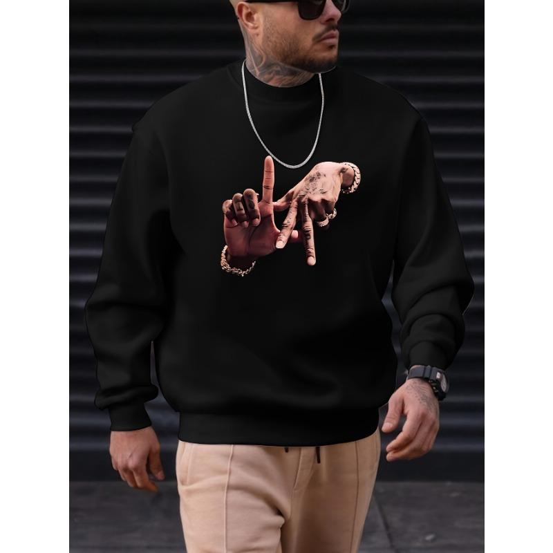 Men'S Creative Hand Gesture Print Long-Sleeve Crewneck Sweatshirt, Sporty Casual For Commuting.