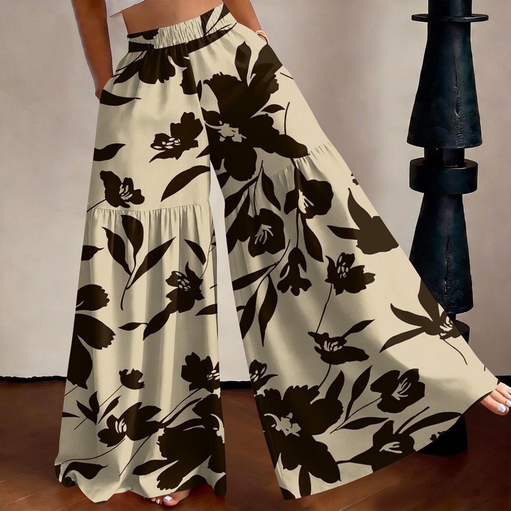 Women High Waist Loose Fit Lightweight Wide Leg Pants Vintage Floral Print Flowing Long Trousers Casual Relaxed Style