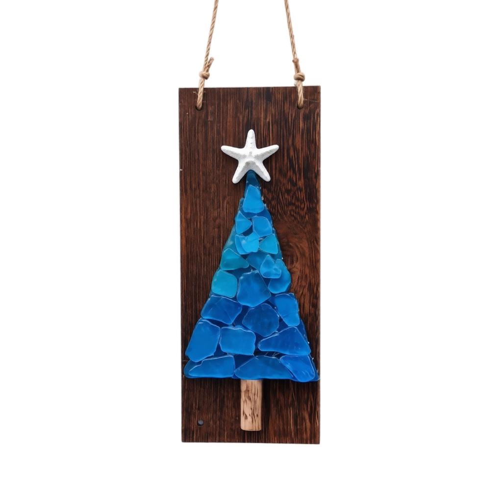 Non-Lighted Sea Glass Christmas Tree Ornament, Driftwood Christmas Hanging Decor for Wall and Wreath