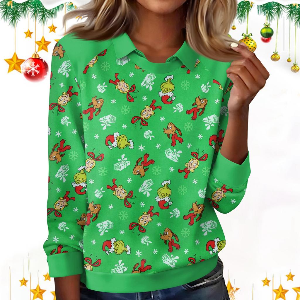 Women's Fashion Christmas Print Lapel Long Sleeve Casual Crewneck T-Shirt Top