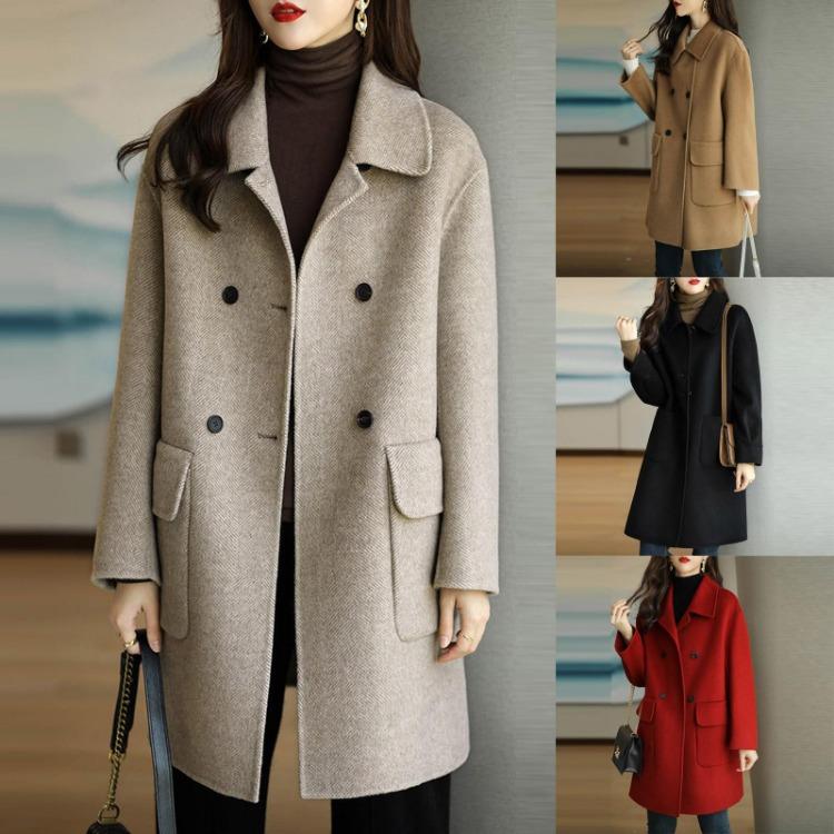 

Woolen Coat Women Double Breasted Long Sleeve Solid Color Mid Length Pocket M чёрный
