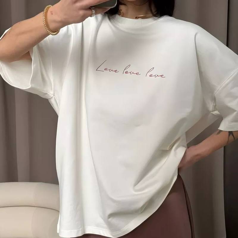 Cotton T Shirt For Women Summer Casual Letter Print Loose Fit Short Sleeve Top