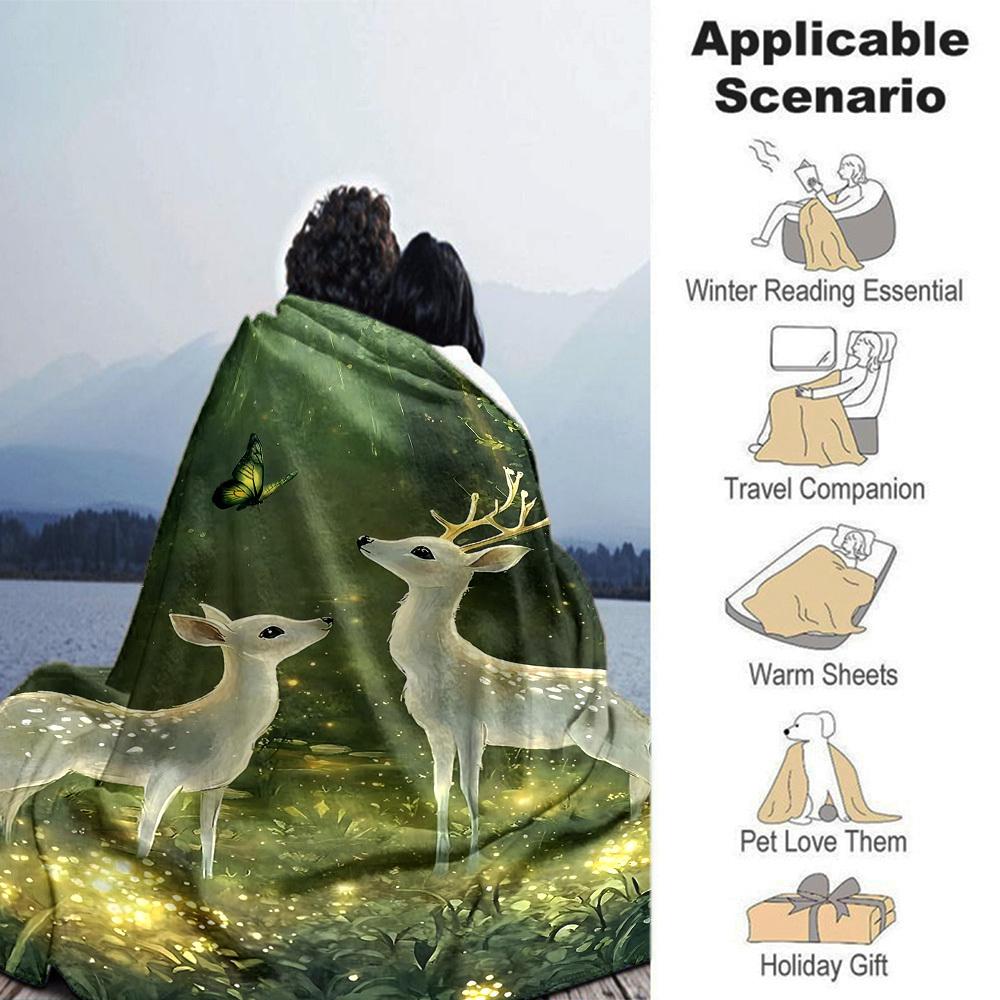 1pc Deer Butterfly Blanket Lightweight Flannel Throw for Sofa Bed Travel Camping Livingroom Office Couch Chair