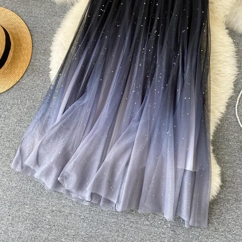Spring Summer Elegant Women's Gradient Color Mesh Half Skirt Temperament High Waist Leisure Ladies A Pleated Skirt