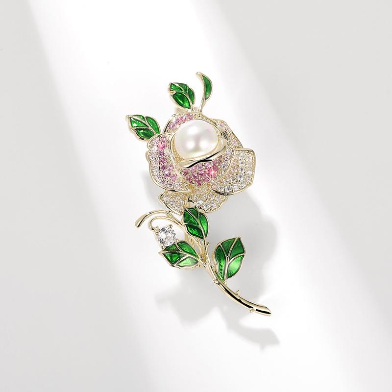 Elegant Rose Pearl  Zircon Brooch Corsage Pin