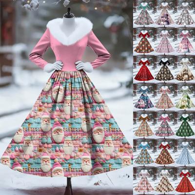 Women's Casual Dress Long-Sleeve V-Neck Patchwork Fleece Christmas Print Dress