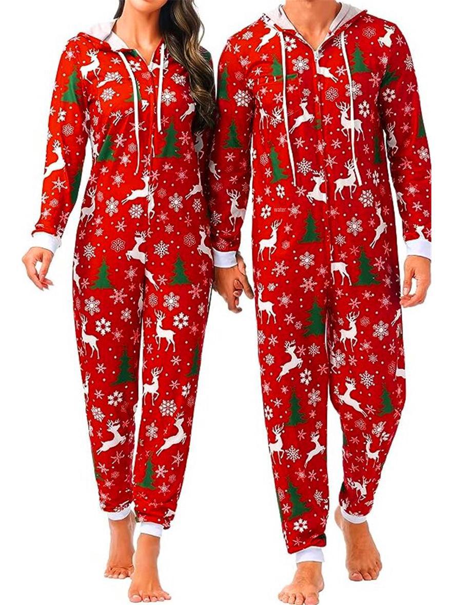 

Праздничный комбинезон с принтом в европейском и американском стиле для пар, пижама для мужчин и женщин Female M красный