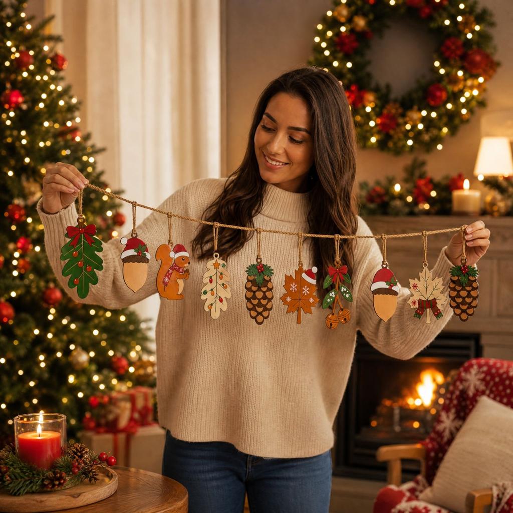 Flat Wooden Christmas Hanging Ornaments with, Set of 8 for Holiday Tree Decor