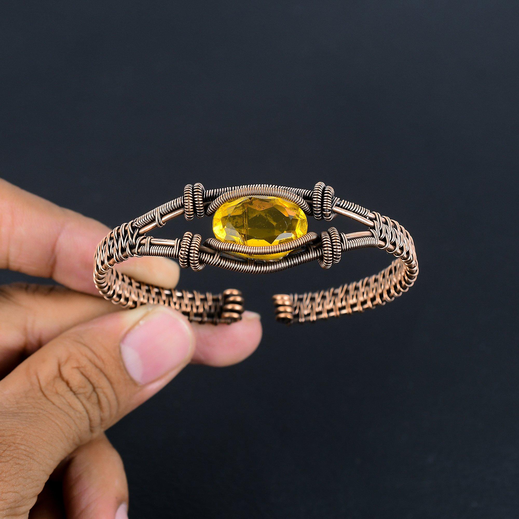 

Браслет-манжета из цитрина, обернутый медной проволокой 999 пробы, дизайнерское украшение ручной работы, регулируемый браслет, подарок для мамы