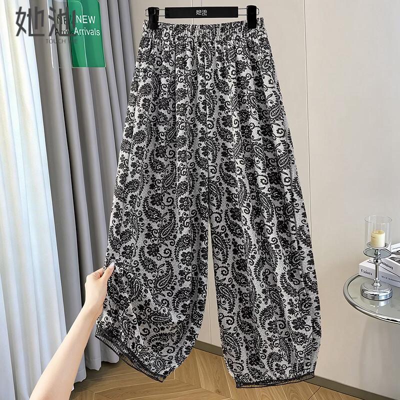 

Women s Exotic Paisley Print Elastic Waist Cropped Casual Pants L