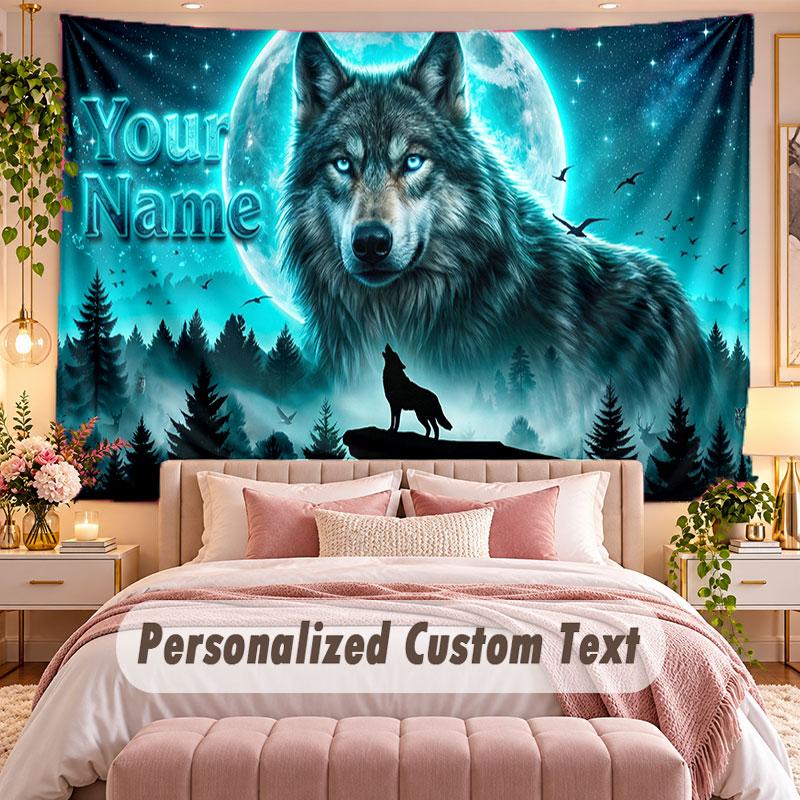 Wolf (144) Theme Wall Tapestry Customized With Name Text Personalized Hanging Tapestry For Bedroom Living Room Decor