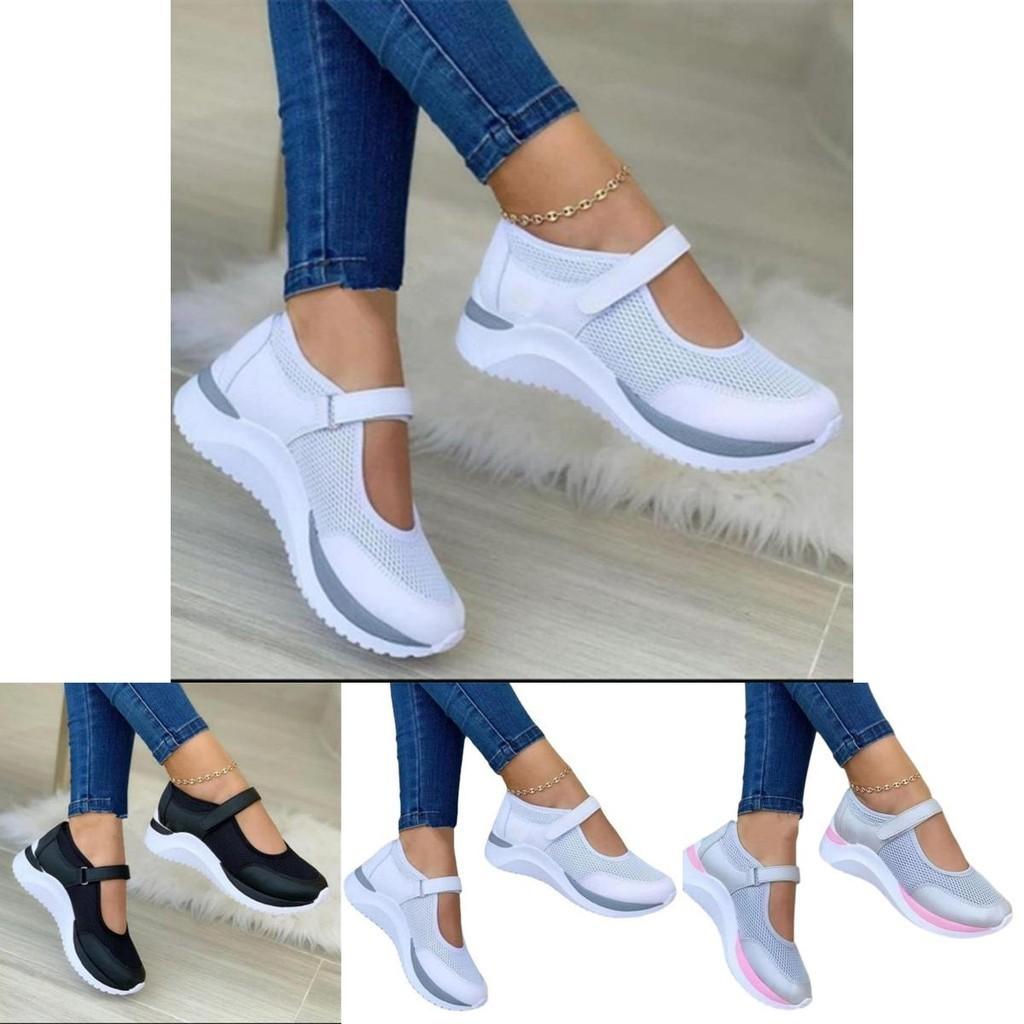 Summer Round Toe Thick Bottom Magic Sticker Knitted Mesh Casual Women's Shoes