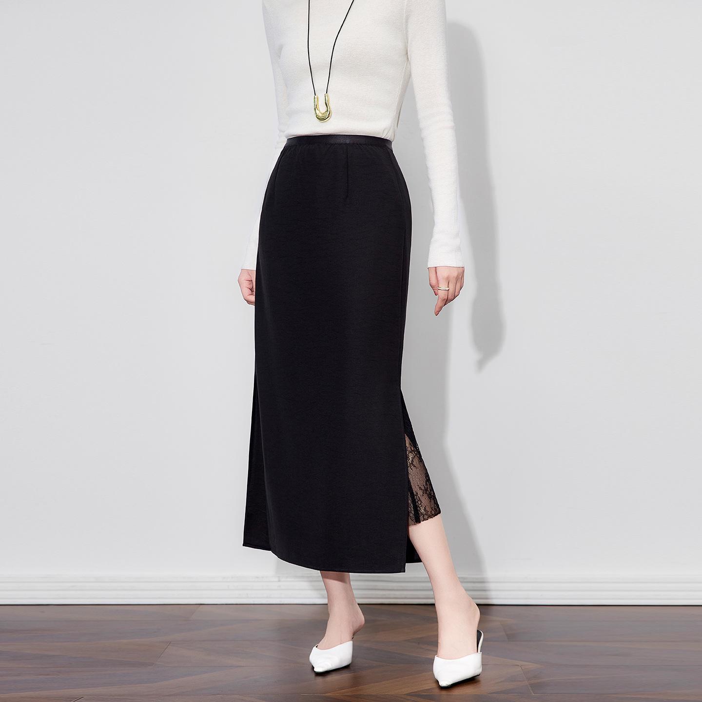 

Minimalist Slimming Patchwork Lace Midi Skirt with Elastic Waist and Slit for Women - Early Autumn Collection Medium