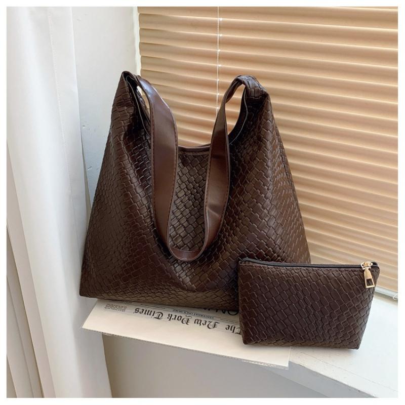 Women Retro Woven Pattern Hobo Bag, Soft PU Large Shoulder Tote Bag, Everyday Casual Handbag with Matching Mini Pouch for Work Travel