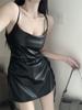 French Hepburn Style PU Leather Little Black Dress with Pleated Mini Skirt, Slimming Slit, and Spaghetti Straps