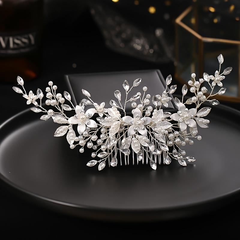 Handmade Silver Crystal Flower Hair Comb Pearl Rhinestone Flower Hair Combs for Women Bride Hair Jewelry Wedding Hair Accessorie