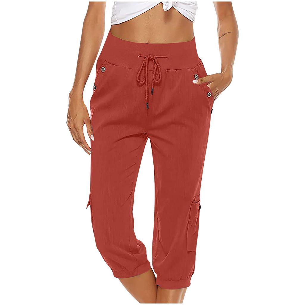 Women Drawstring Waist Loose Fit Cargo Capri Pants Wide Leg Straight Leg Casual Trousers with Pockets