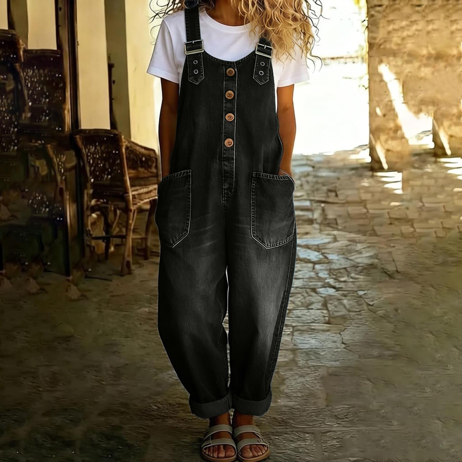 Модный женский ретро свободный повседневный джинсовый комбинезон L чёрный