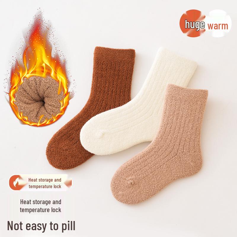 3-Pack Children's Cocoa Cat Terry Socks: Thickened, Warm Winter Mid-Calf for Boys & Girls