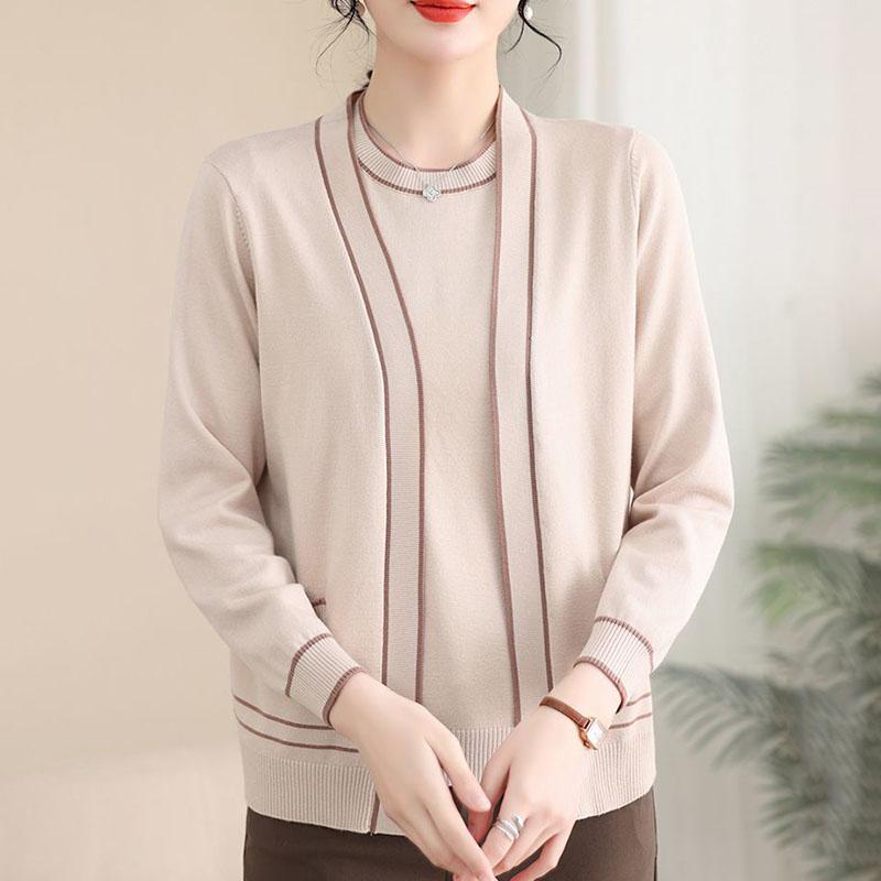 Spring Autumn Women's Knit Top Two-Piece Set Color-Block Knit Cardigan Knit Short-Sleeve T-Shirt Two-Piece Set