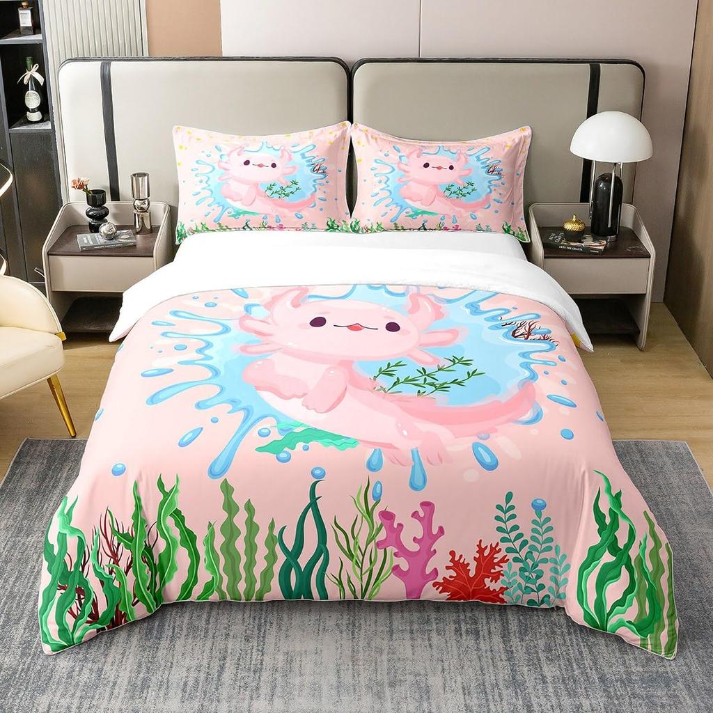 Cartoon Axolotl Bedding Set Twin Full Size Cute Ocean Animal Duvet Cover with 2 Pillow Sham Pink Comforter Cover Set Decorative