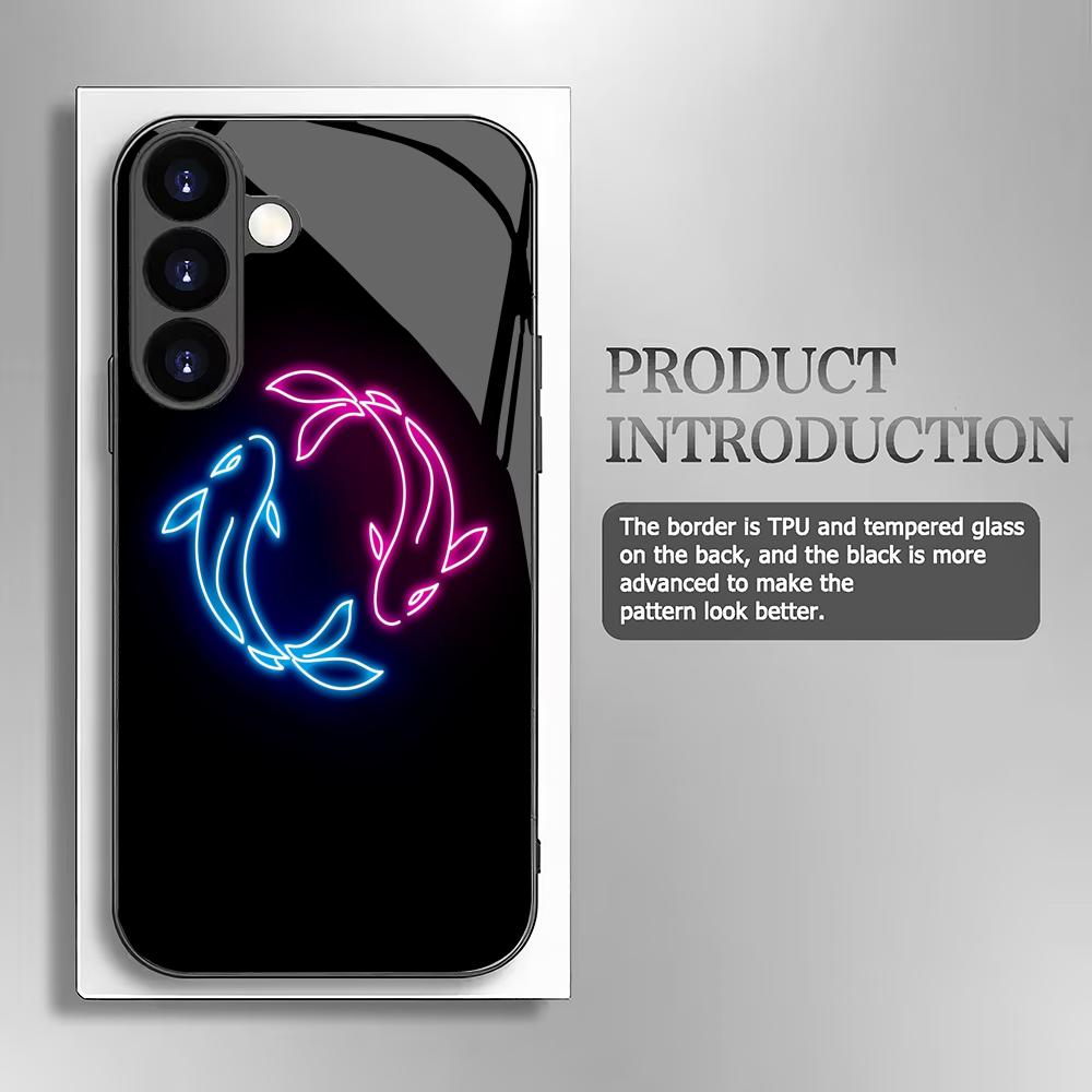 Double Fish Playful Tempered Glass Phone Case Suitable for Samsung Galaxy S26 S25 S24 S22 S21 S20 FE/Ultra/Plus Anti Drop