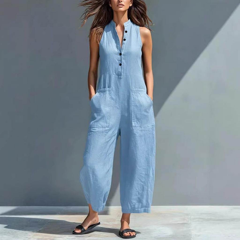 Women’s Sleeveless Loose Fit Jumpsuit with Stand Collar Button Front and Functional Pockets for Casual Wear