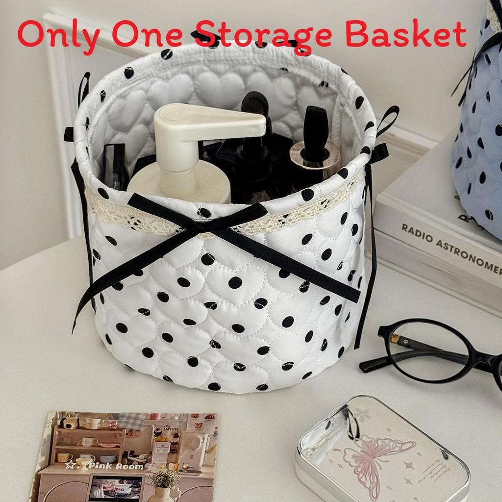 Stylish Nylon Dot Pattern Storage Bin With Ribbon For Makeup And Toy Organization