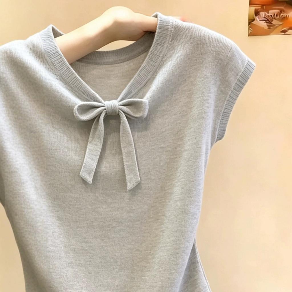 Summer new bow v-neck French knitted short-sleeved t-shirt femininity thin meat cover top A