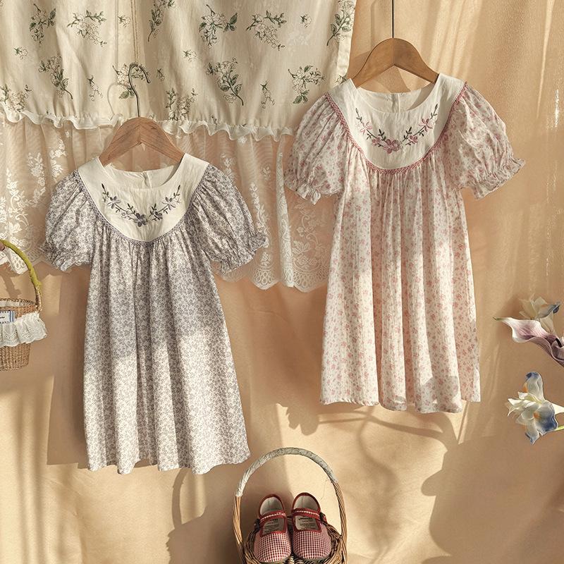 Sweet Girls Summer Puff Sleeve Lace Dress Floral Embroidery Short Sleeve Princess Party Dress For Kids