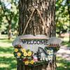 Resin Garden Welcome Sign with Flowers Birds Decorative Outdoor Garden Stone Plaque with Hemp Rope for Rustic Yard Lawn Patio Home Decor