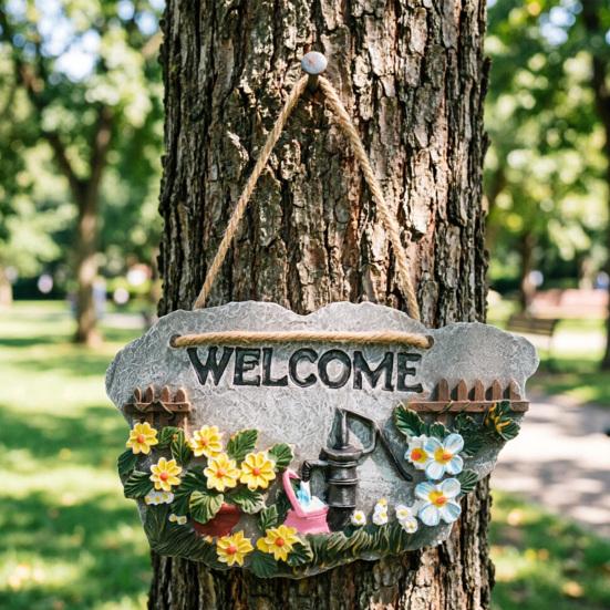 Resin Garden Welcome Sign with Flowers Birds Decorative Outdoor Garden Stone Plaque with Hemp Rope for Rustic Yard Lawn Patio Home Decor