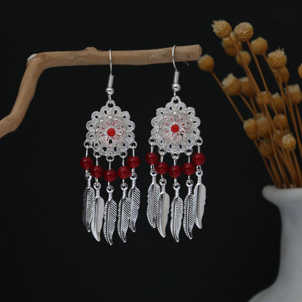 Personalized Bohemian Miao Silver Geometric Tassel Earrings