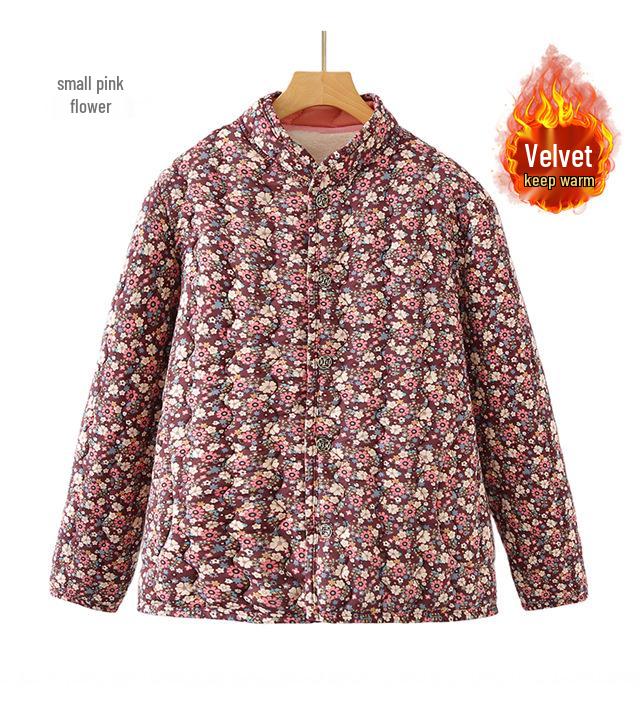 240 Jin Plus Size Velvet-Lined Cotton Jacket for Autumn/Winter - Stand Collar, Loose Fit for Middle-Aged & Elderly Women