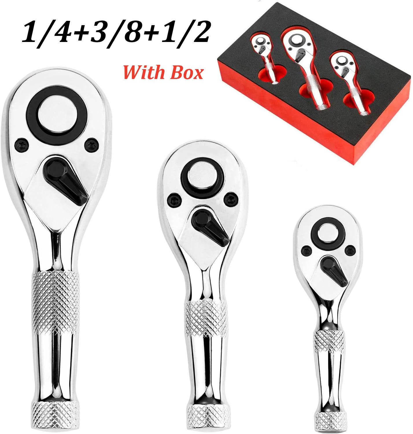 

3-Piece Stubby Ratchet Set 1/4 3/8 1/2 Drive 72-Tooth Quick Release Polished Durable Auto Tools