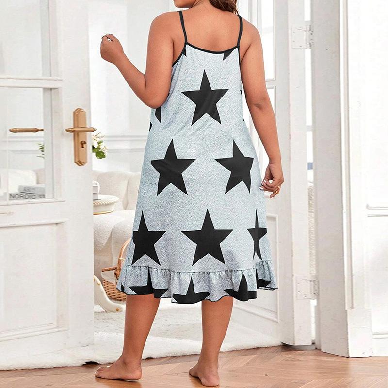 Spring and Summer European and American Plus Size Women Pajamas Homewear Suspenders In the Skirt Printed Nightgown Sleepwear