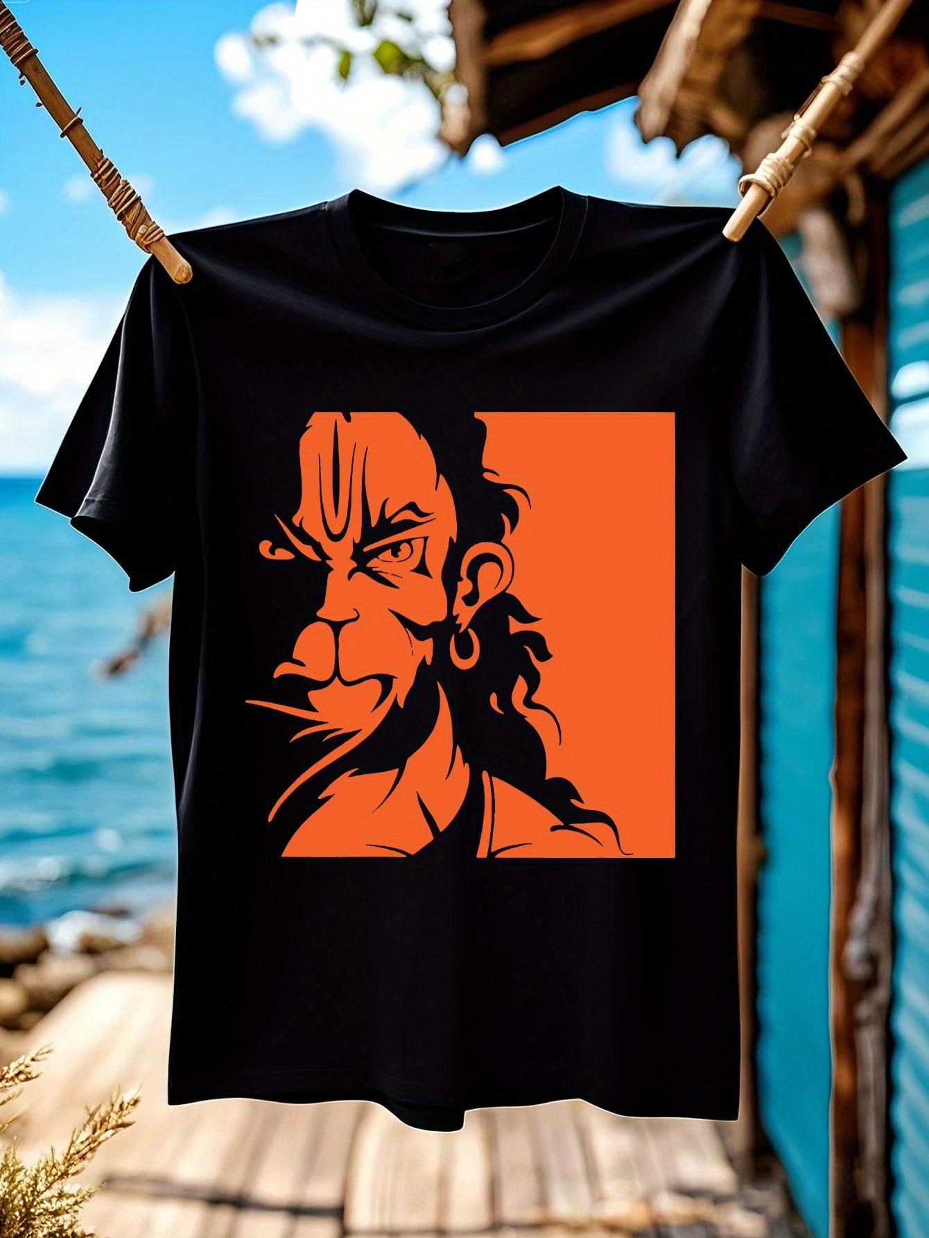 Rudra Hanuman - Angry Hanuman Hindu Religious Tee with White & Orange Graphic T-shirt XXXXL
