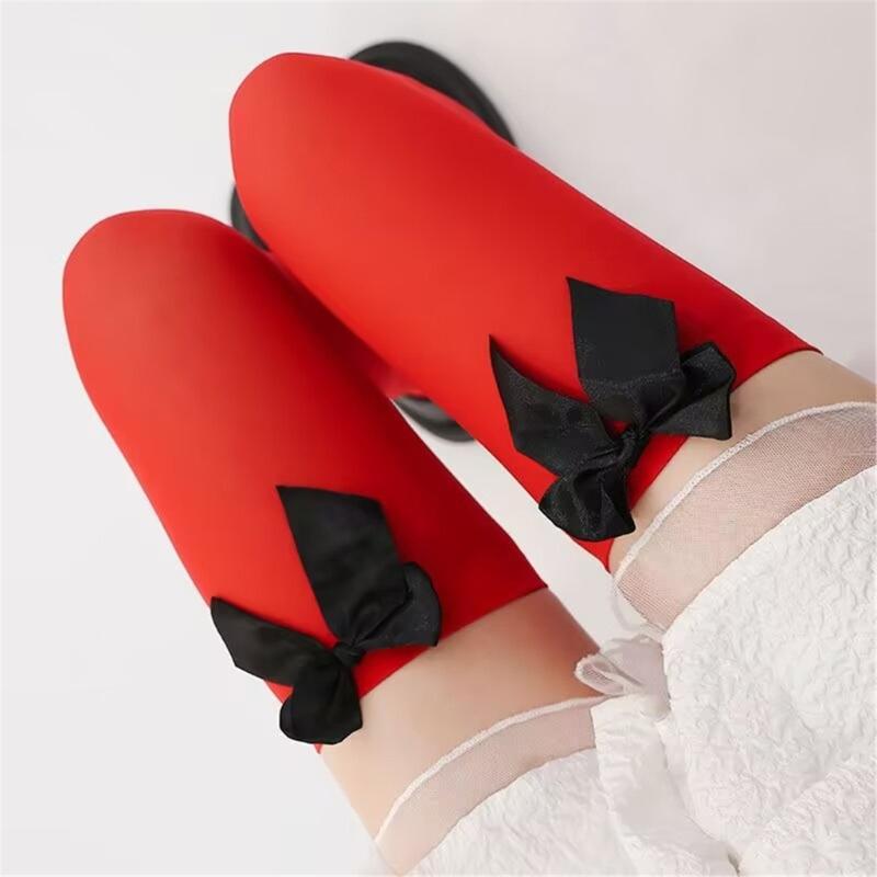 Christmas Thigh High Stockings Over the Knee Socks Halloween Cosplay Costumes for Womens Red Thigh High Socks with Bows