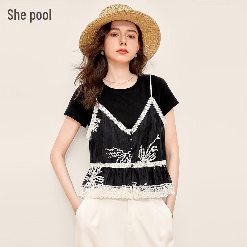Women s Lace Fake Two-Piece Short Sleeve T-Shirt M