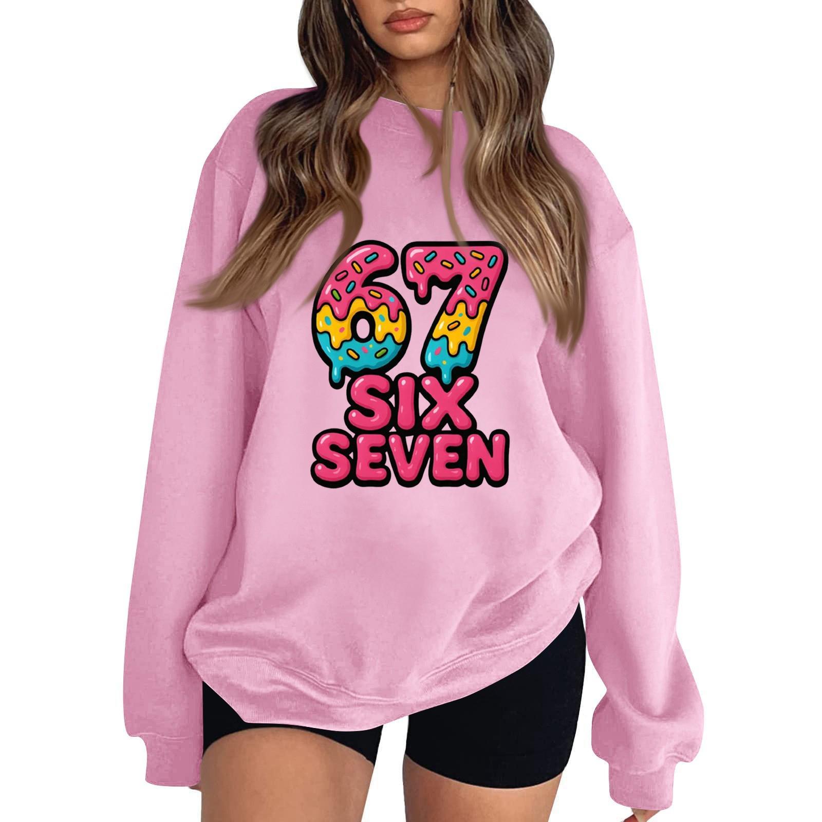 

Женский модный повседневный пуловер с длинными рукавами и круглым вырезом с принтом XXXL розовый