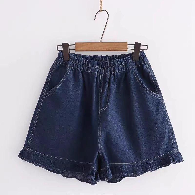 

Mori Style Retro Flowers Embroidered Elastic Waist Denim Shorts Dark blue pure color L 52.50 kg-65.00 kg
